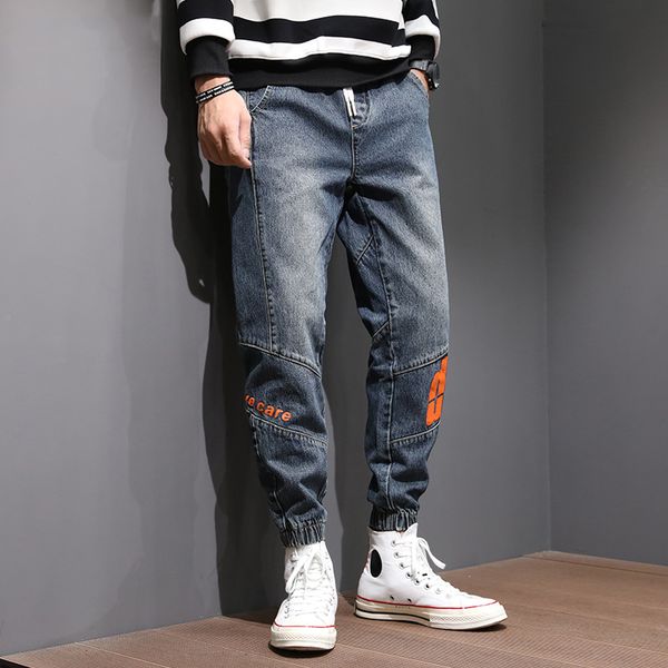 

2021 new fashion streetwear men jeans loose fit spliced denim cargo pants elastic printed designer wide leg trousers hip hop joggers male nm, Blue