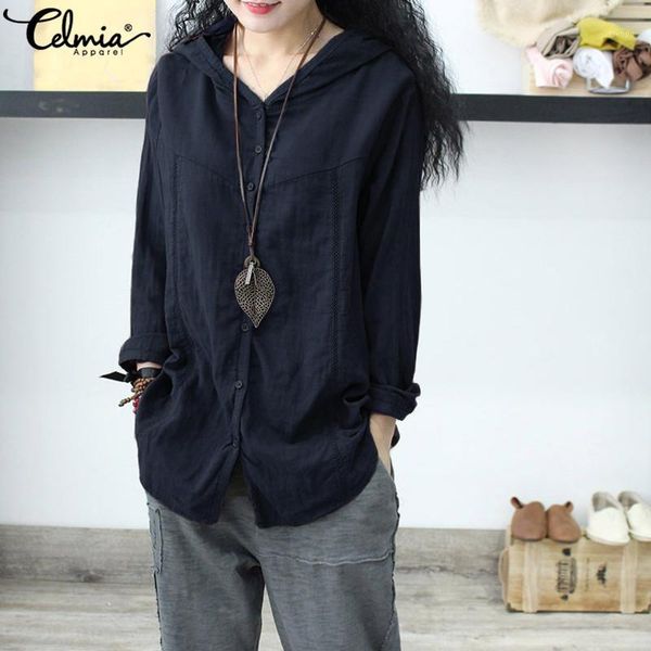 

5xl celmia women hooded blouses vintage linen 2020 autumn casual loose buttons long sleeve shirts plus size blusas feminina1, White