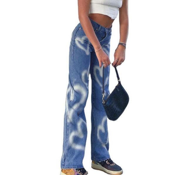 

female brem harajuku baggy high-waisted korean brim pants streetwear corridors custom graffiti imprint denim p1969 fn61, Black;white
