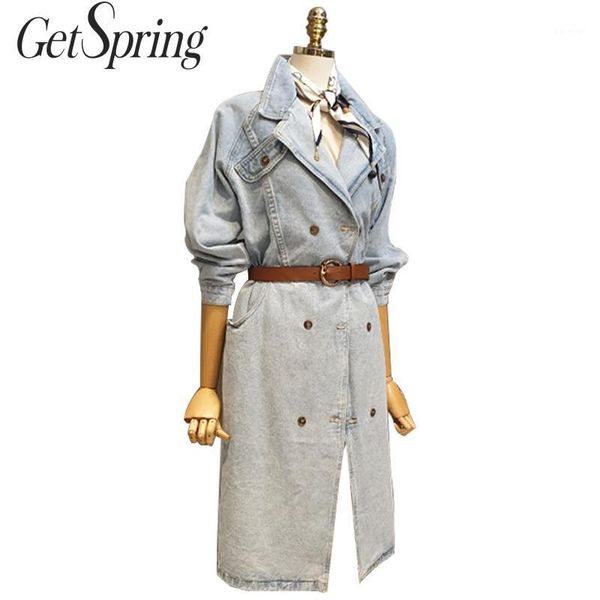 

getspring women coat women trench coats turn-down collar double breasted denim long trenchcoat 2019 new fashion long coats1, Tan;black