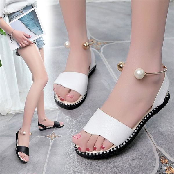 

sandals female summer new style flat pearl one word buckle versatile fashion student open toe casual women's shoes, Black