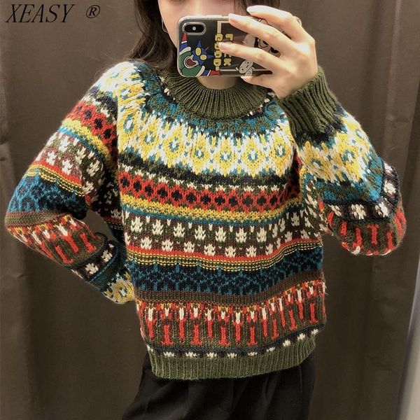 

autumn and winter retro style girl jacquard long-sleeved loose casual knitted sweater women's version, White
