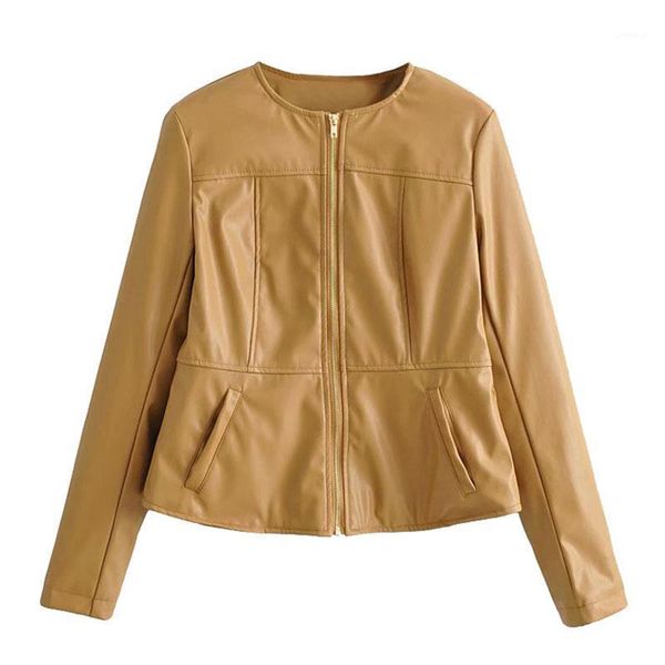 

seebeautiful stitching pu leather loose jacket coat o neck long sleeve zipper pockets new fashion 2020 winter women m5751, Black;brown