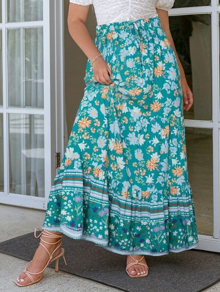 

simplee plus floral print ruffle hem skirt x9lp#, Black