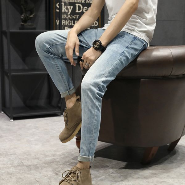 

stretch young men's jeans spring slim korean fashion cropped casual pants, Blue