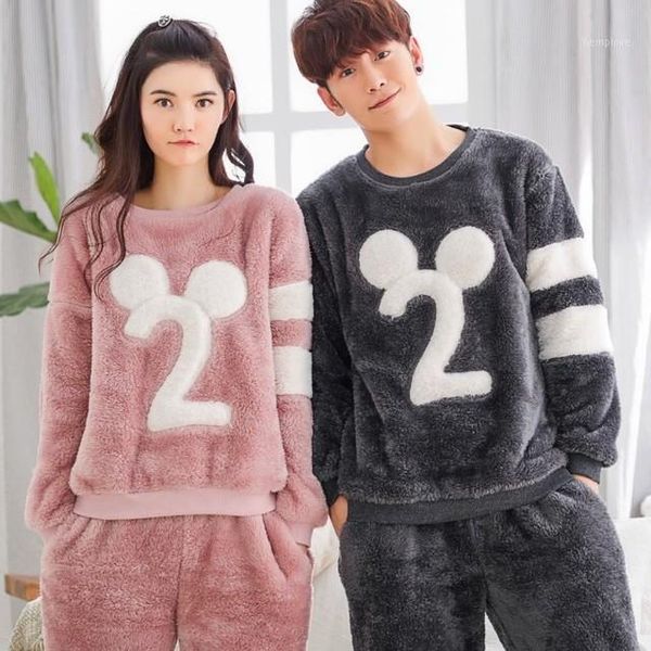 

cute animal flannel pattern winter couples pajamas set for women men plush fabric sleepwear pyjamas suit home clothing1, Black;brown