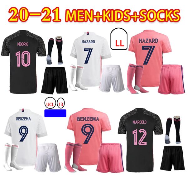 

20 21 football shir ronaldo bale sergio ramos marcelo benzema hazard 2020 2021 men high-quality kids kit+socks soccer jersey, Black