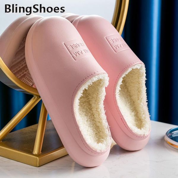 

2020 winter warm plush waterproof solid slippers woman men indoor slippers lovers home slipper thick sole female kitchen shoes, Black