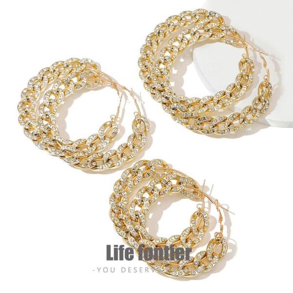 

lifefontier fashion oversized big hoop earrings for women shiny rhinestone large thick chain round circle earrings punk jewelry, Golden;silver