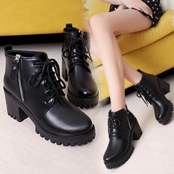 

women's casual boots 2020 autumn and winter new women's high-heeled nude boots fashion platform british ladies round toe, Black