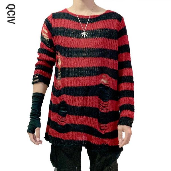 

punk gothic cool male striped long sweater man stretch thin pullover broken sweaters hollow out slit spring knitjumpers, White;black