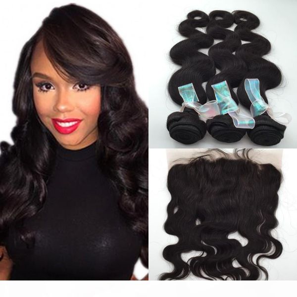 

brazilian hair weft 8a lace frontal closure with bundles 13x4 ear to ear body wave human hair 3 bundles with closure, Black