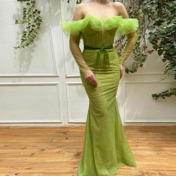 

light green shiny tulle mermaid prom party dresses off the shoulder full sleeves women dress birthday ruffles gowns, Black;gray