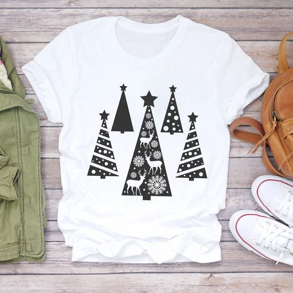 

women christmas clothing geometric deer tree cartoon new year print lady t-shirts tshirt ladies graphic female tee t-shirt, White