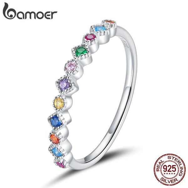 

cluster rings bamoer sterling silver 925 cz signet ring engrave rainbow finger for women wedding size korean style jewelry scr697, Golden;silver