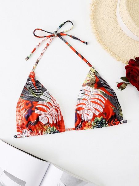 

plus allover plant print halter bikini 07ck#, Black