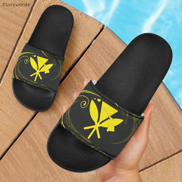 

elviswords hawaii kanaka maoli femme flip flop summer breathable slip-on slipper samoan polynesian design print women slide sada, Black