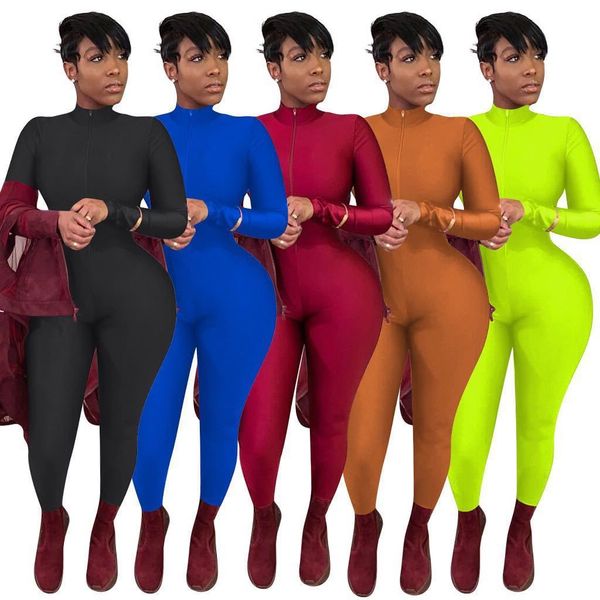 

2020 european and american foreign trade women's solid color zipper long sleeve jumpsuit