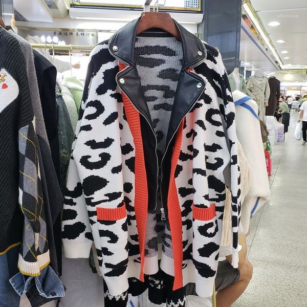

ewq] 2019 autumn winter new double-layer fake two fashion trend ladies leopard coats korea large size knit leather jacket ql2251, Black;brown