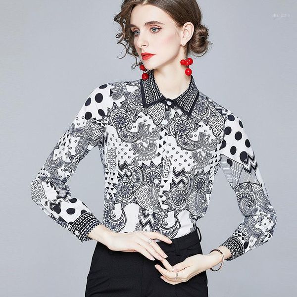 

designer runway shirt autumn winter women fashion casual plus size polka dot print vintage blouse office lady elegant slim 1, White
