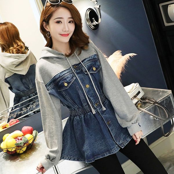 

autumn and winter new style large waisted t-shirt skirt hooded long sleeve slim women's denim stitching bottoming shirt