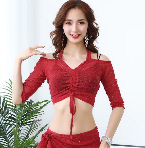 

stage wear silver mesh lady's belly dance bandage wrap crop blouse for women with plus size red, Black;red