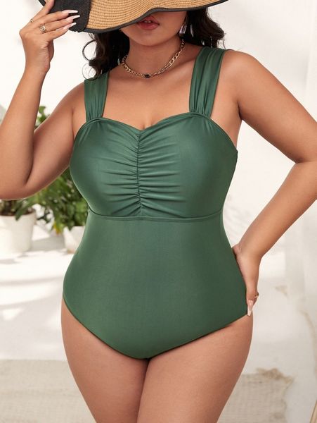 

plus solid ruched one piece swimsuit i7hg#, Black