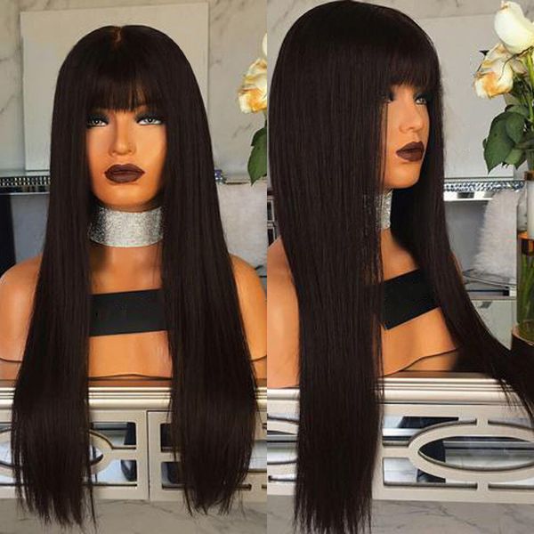 

silky jet black mechanism synthetic wigs high temperature for black/white women long straight wig with bangs, Black;brown