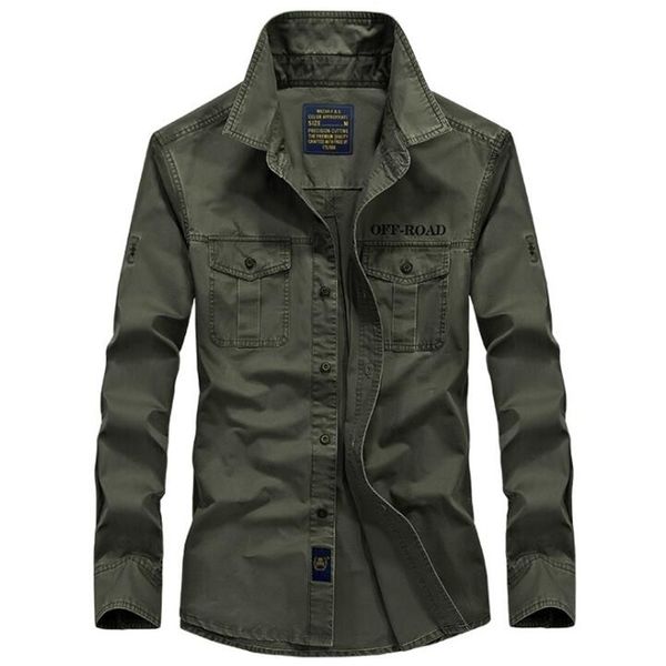 Herrenhemden Baumwolle Militärhemd Khaki Casual Slim Fit mit Tasche Langarm Vintage Jacke Streetwear Plus Größe 4XL 201123