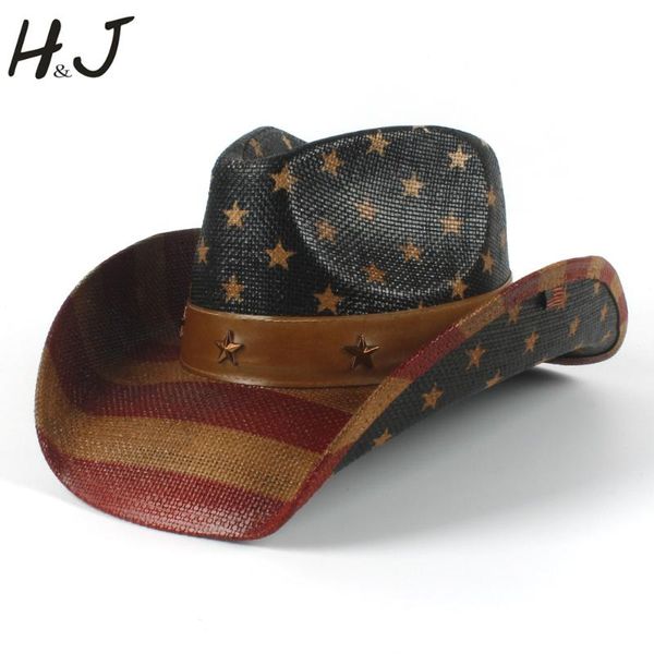 

cloches cowboy hat 100% handwork summer straw women men western sombrero hombre sun caps with american flag good package, Blue;gray