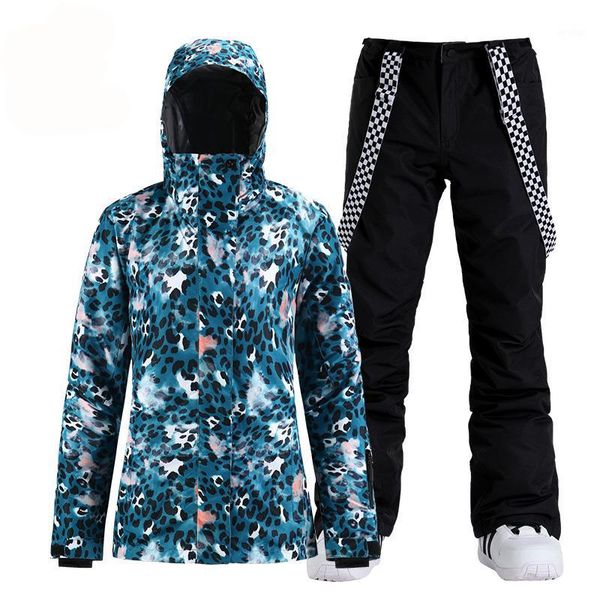 

skiing jackets blue leopard women's snow clothing snowboard wear waterproof costumes winter outdoor suit jacket + bibs pants1