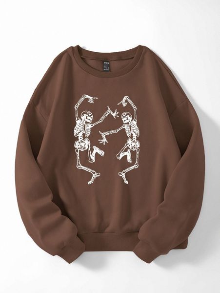 

skeleton print drop shoulder thermal pullover w9o5#, White;black