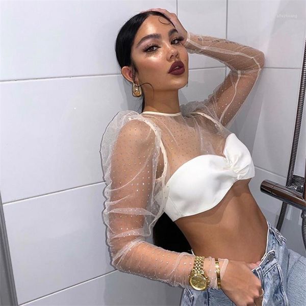 

women 2020 spring new mesh crystals beading summer blouse long sleeve pullovers shirt crop perspective blusas1, White