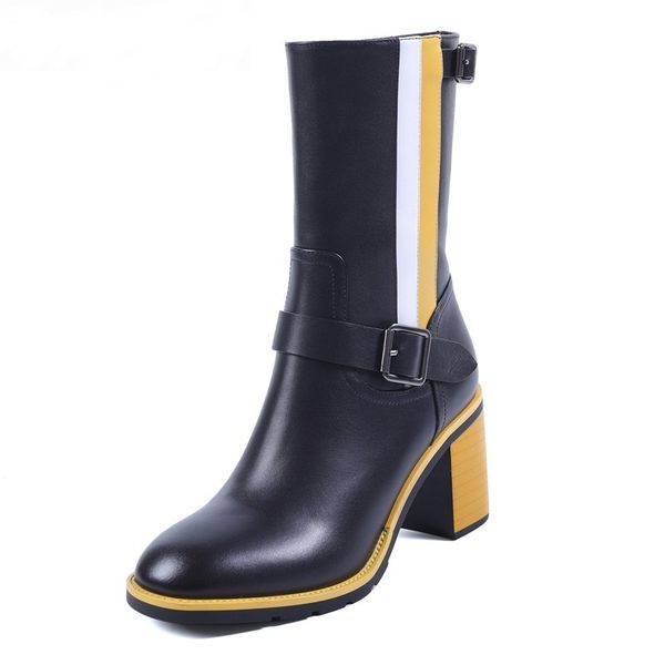 

2021 genuine new leather high toe foot heels black white shoes woman party riding boots 39 h4qx
