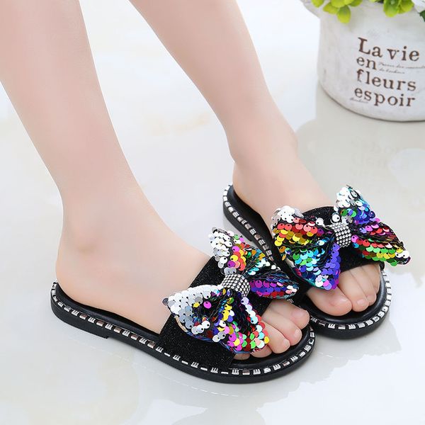

fashion new summer children sequins bow-knot flip flops shoes girls shoes rhinestone princess slipper casual shoes sandals y201028, Black;grey