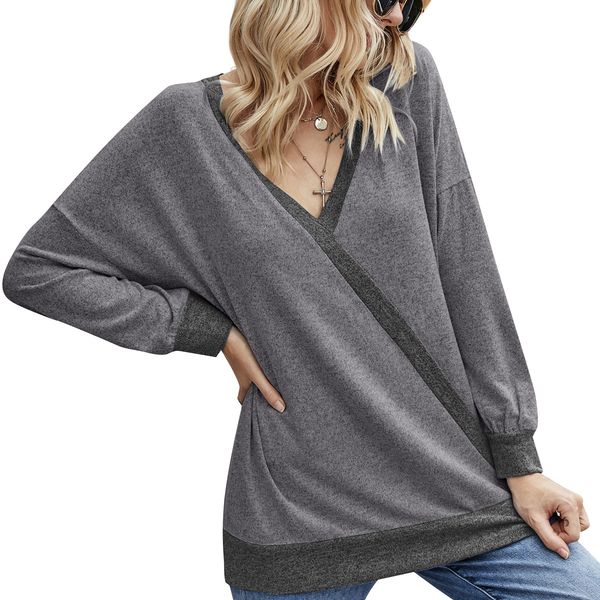 

2021 and new female t-shirt collar v contrast colour off the shoulder pocket o5sj, White