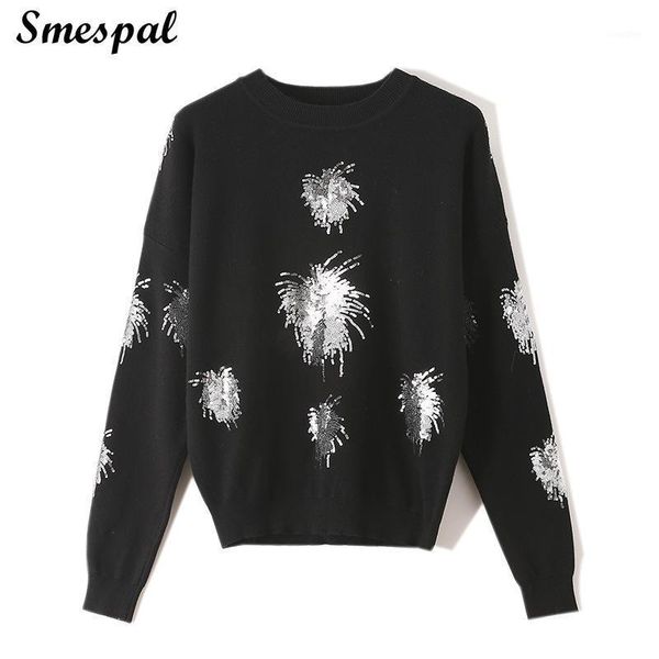 

women autumn winter knit sweaters in sequins embroidery details1, White;black