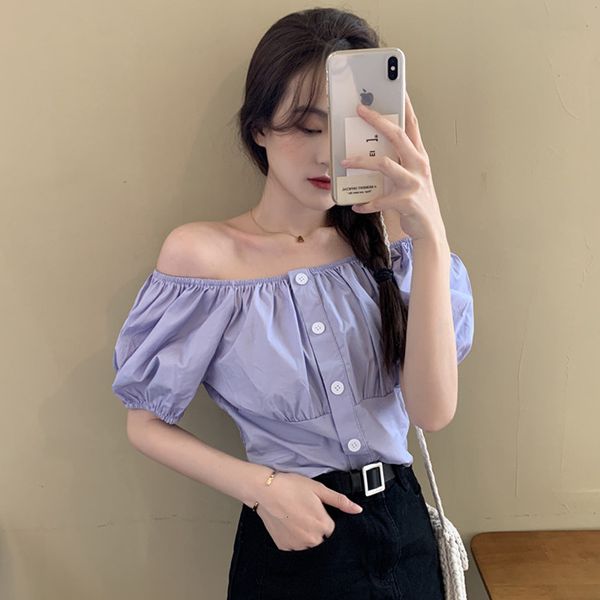 

new korean style a word collar plied harvest female lady in the white office loosen thin cotton bubble sleeve off shoulder shirt 9ssf