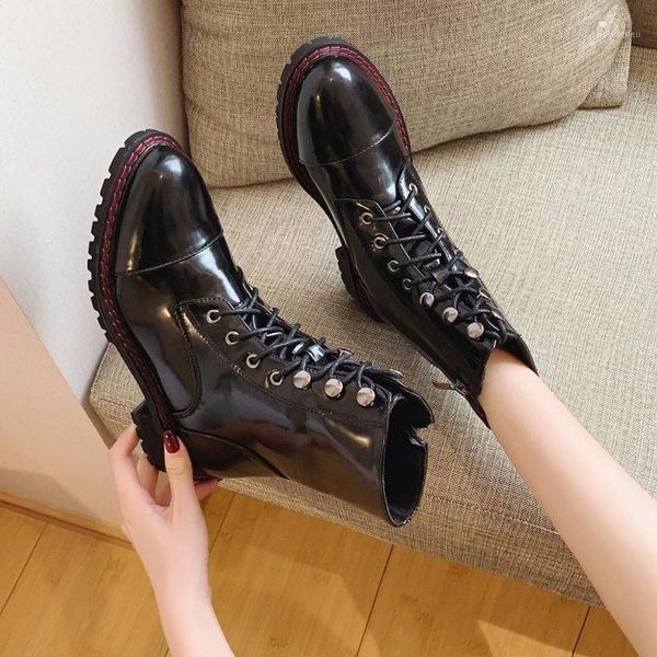 

winter new fashion bright leather short boots women's retro boots round head thick heel plus cotton women's w22-591, Black