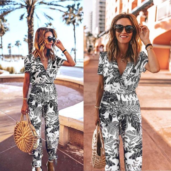 

2020 spring summer fashion printed v-neck short sleeve women's siamese trousers jumpsuits1, Black;white