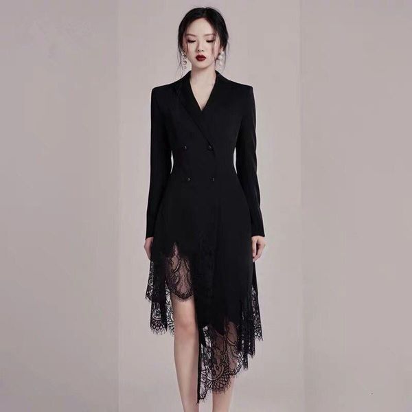

2021 autumn elegant lace patchwork long women blazer dress female long sleeve notched double-breasted black asymmetrical dresses, Black;gray