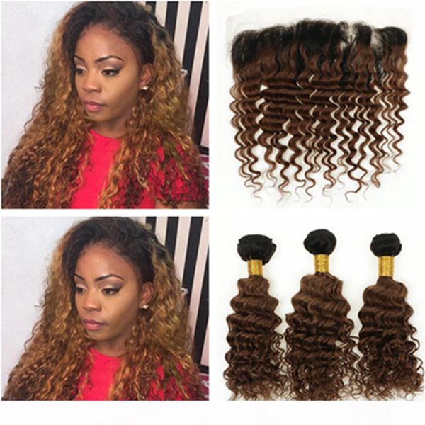 

medium auburn ombre peruvian human hair deep wave weaves with frontal #1b 30 ombre deep curly human hair lace frontal 13x4 with bundles, Black