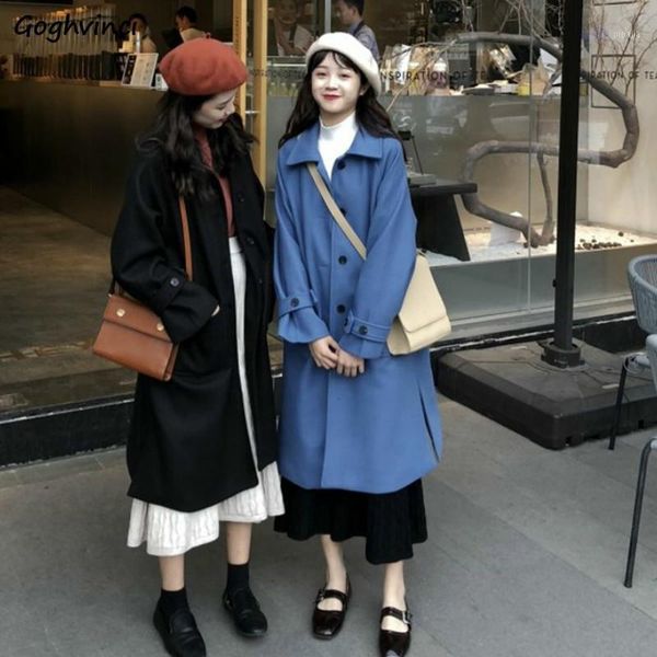 

women thicker wool blends loose turn-down collar flare sleeve side-slit all-match jackets fashion little guy preppy chic leisure1, Black