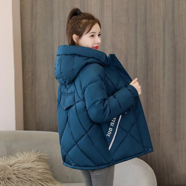 

women's winter coat plus size short style hooded female jacket with zipper letter print solid stand collar thick casual parkas, Black