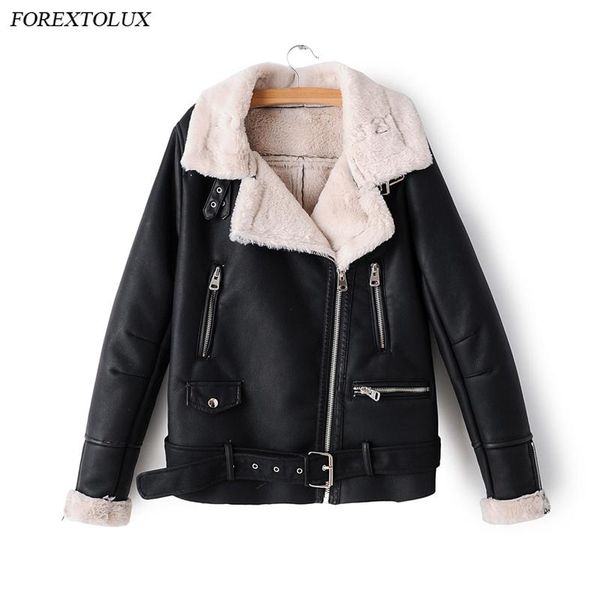 

women's leather & faux warm women artificial lamb wool pu jacket black fur lady streetwear fuzzy zipper fall coat forextolux 2021 winte
