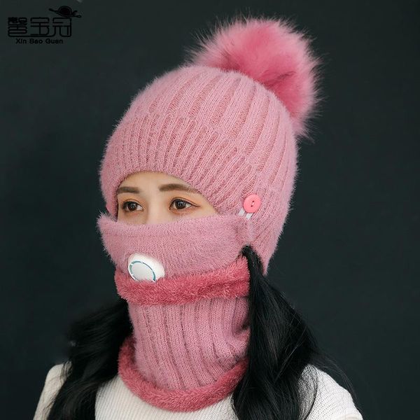 

beanie/skull caps woolen female breathing suit warm knitted hat biking and velvet scarf ski hats winter maskpink three holes, Blue;gray