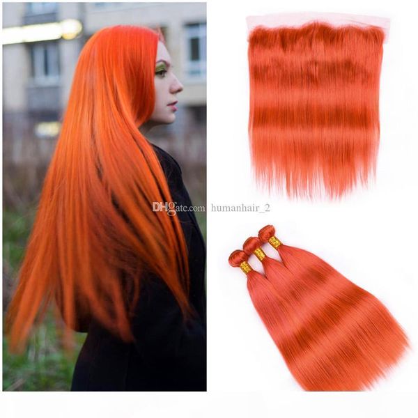 

orange lace frontal with bundles pure color orange straight hair bundles european human virgin hair with lace frontal middle three part, Black;brown