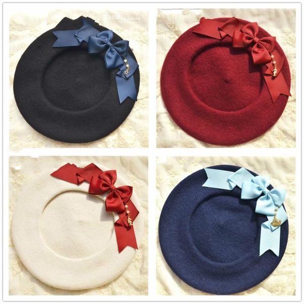 

princess sweet lolita beret color double bow + multi-color ribbon pie +bud cap cap ray limpets clay oven rolls mht001-1, Blue;gray