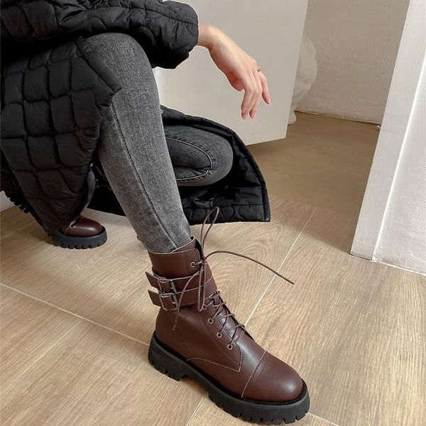 

bottes femme 2021 новых зимних сапог женской обуви натуральной кожа пряжка украшение круглого носок молния мотоцикл сапоги mujer, Black