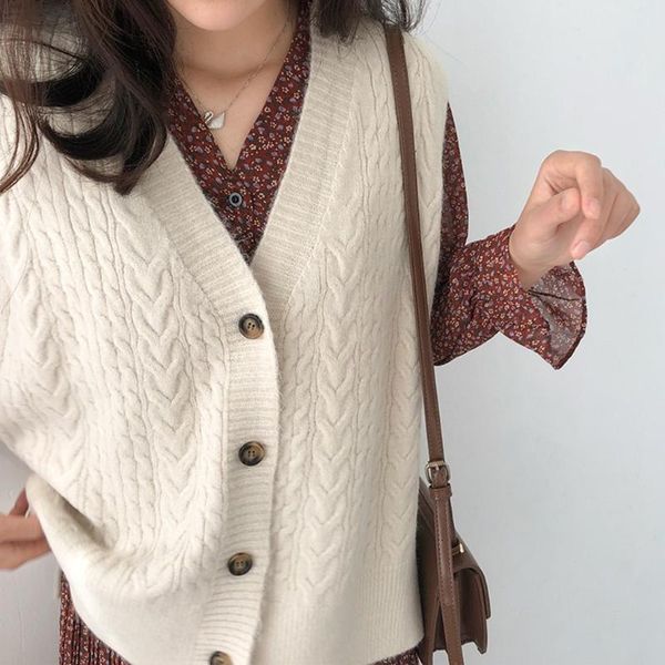

women's vests women cable knitted loose sleeveless vest v-neck solid color sweater tank 649c, Black;white
